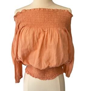Alcott Ruffle 3/4 Sleeve Top | Ruched Apricot Orange Top Women Size Small